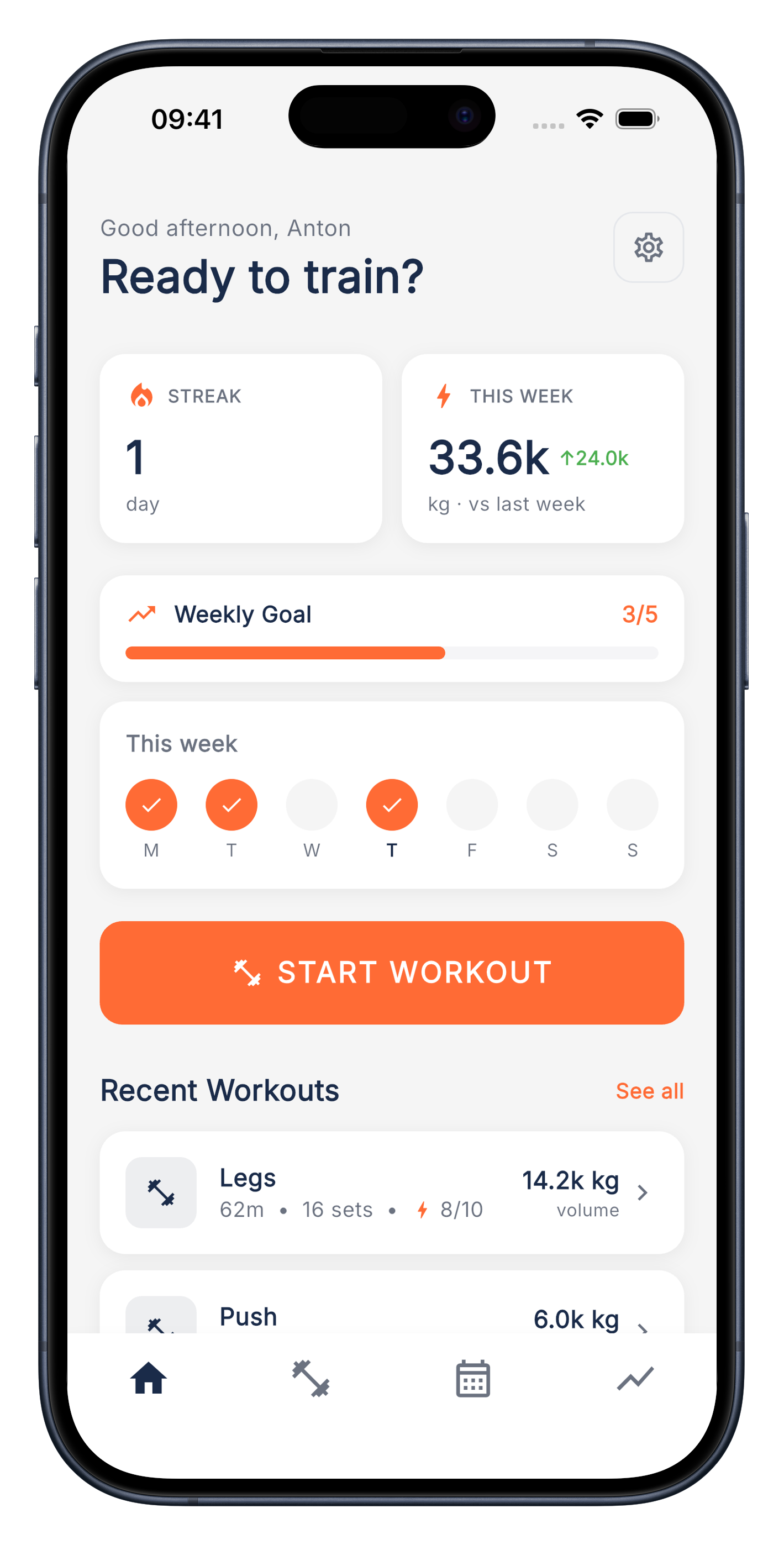 Stark home screen in light mode showing streak, weekly volume, day-of-week tracker, and recent workouts.